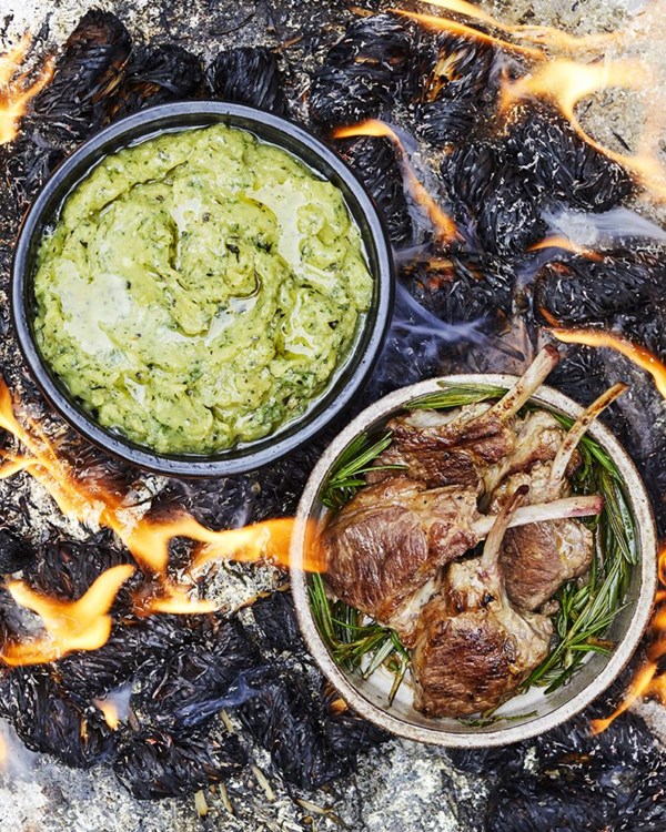 Courgette baba ghanoush with lamb cutlets