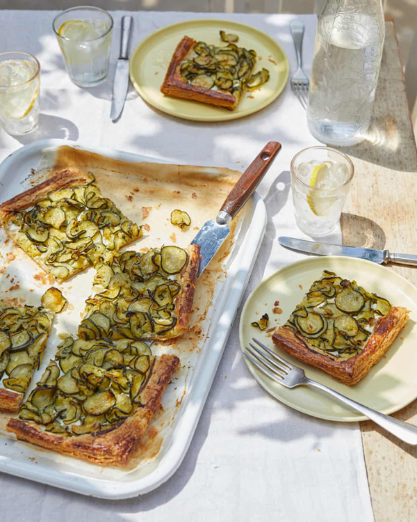 Courgette butter, Parmesan and lime puff tart