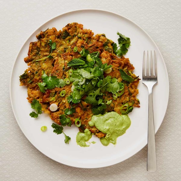 Courgette, chickpea and herb pancakes