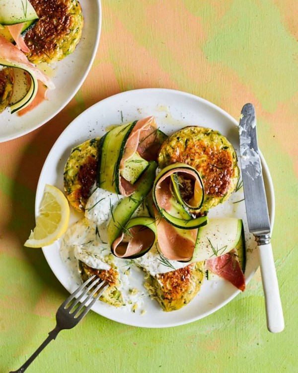 Courgette fritters with lemon dill yogurt, courgette ribbons and ham