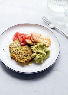 Courgette fritters with smashed avocado and fried halloumi