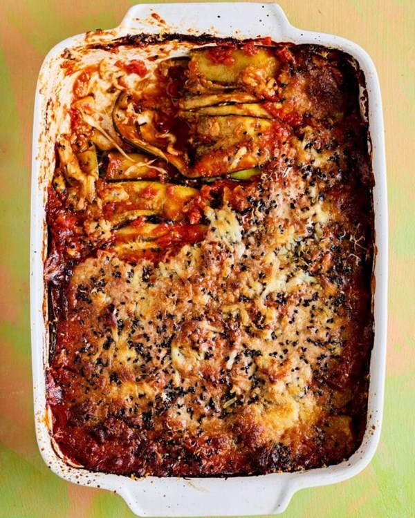 Courgette gochujang Parmigiana with black sesame 