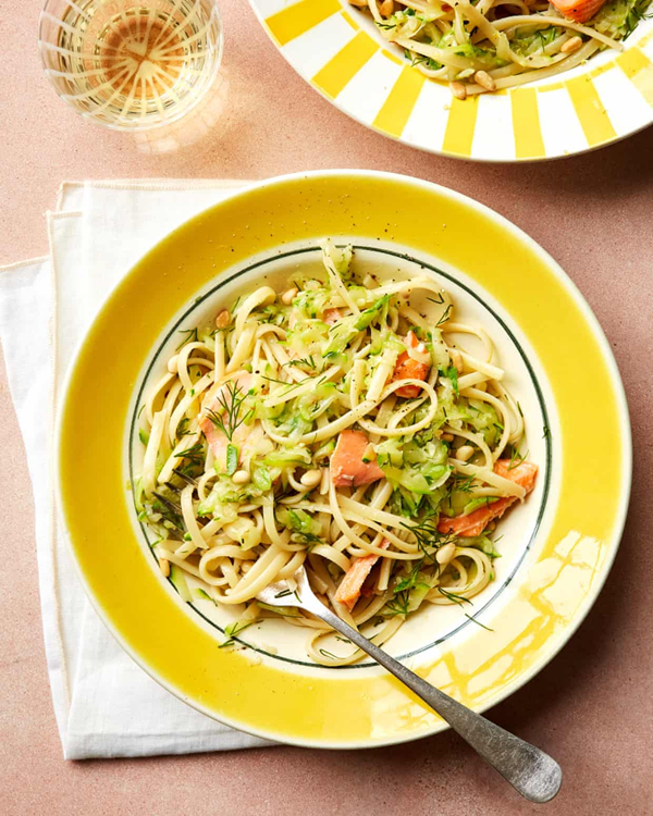 Courgette linguine with trout, lemon and dill