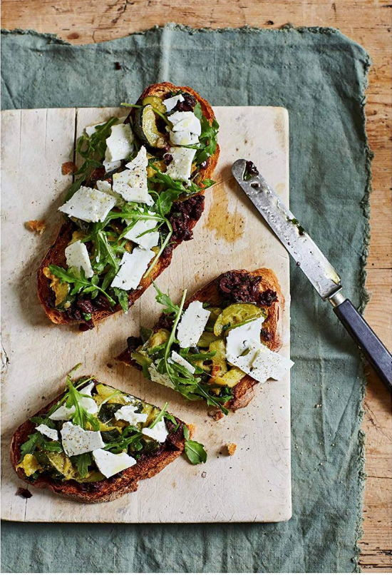 Courgette, olive and ricotta salata bruschette