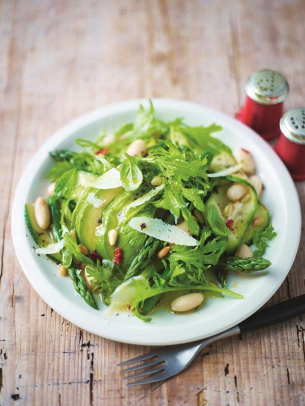 Courgette 'pappardelle' with asparagus, avocado salad & rocket