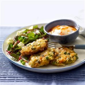 Courgette, pea and feta fritters with beetroot salad