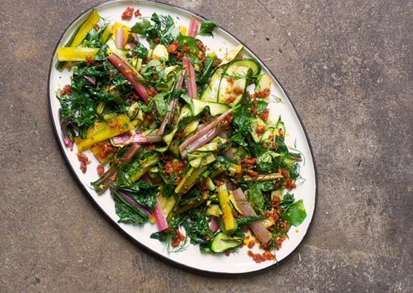 Courgette ribbons and rainbow chard with chorizo