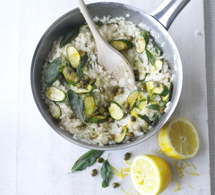 Courgette risotto with crisp capers and sage
