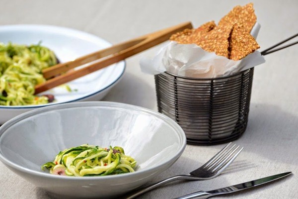 Courgette spaghetti with lemon, chilli and olives