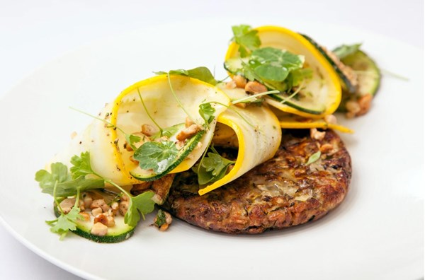 Courgette, spelt & cumin fritters with courgette, parsley & cashew salad [Chantelle Nicholson]