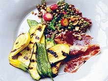 Courgettes and green lentils to accompany slices of dark and interesting ham