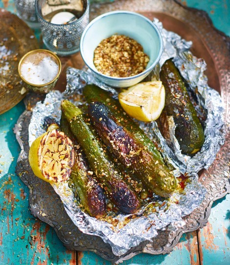 Courgettes cooked in embers with lemon and dukkah