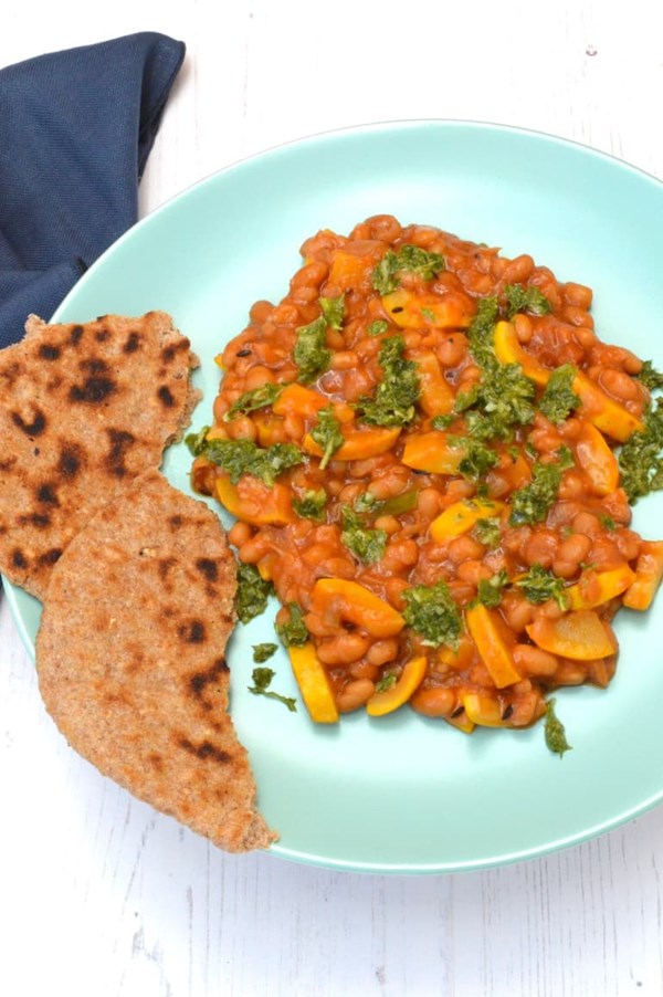Courgettes with baked beans and salsa verde