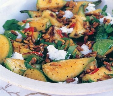 Courgettes with goats' cheese, chilli and pine nuts (Courgettes au chèvre, piment et pignons)