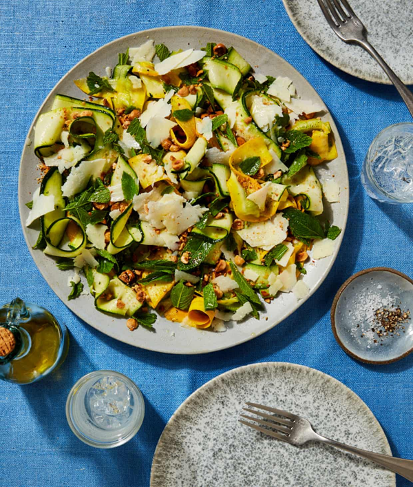 Courgettes with hazelnuts, mint and pecorino