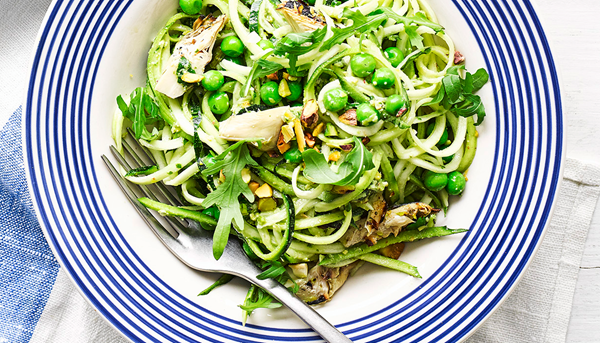 Courgetti, pea and artichoke salad with pistachio pesto