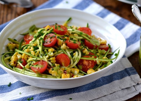 Courgetti with Piccolo tomatoes, grilled corn and herb dressing