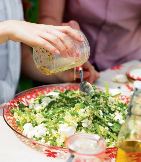 Couscous and green bean salad with crumbled Wensleydale