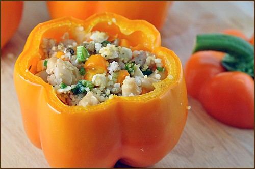 Couscous, bean, and sausage stuffed peppers