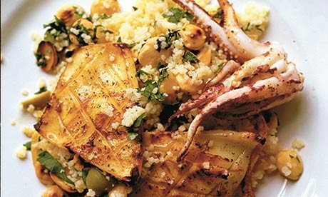 Couscous, lemons, almonds, squid