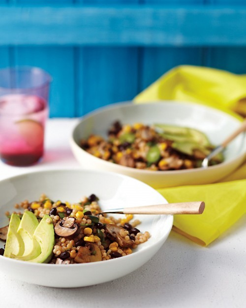 Couscous salad with black beans, mushrooms, and corn