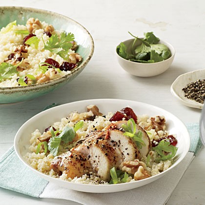 Couscous salad with chicken, dates, and walnuts