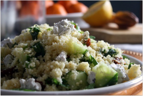 Couscous salad with cucumber, tomato, mint, & goat cheese
