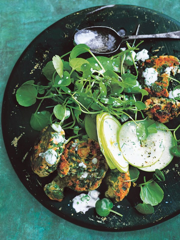 Couscous, watercress and salmon cakes with watercress and apple salad