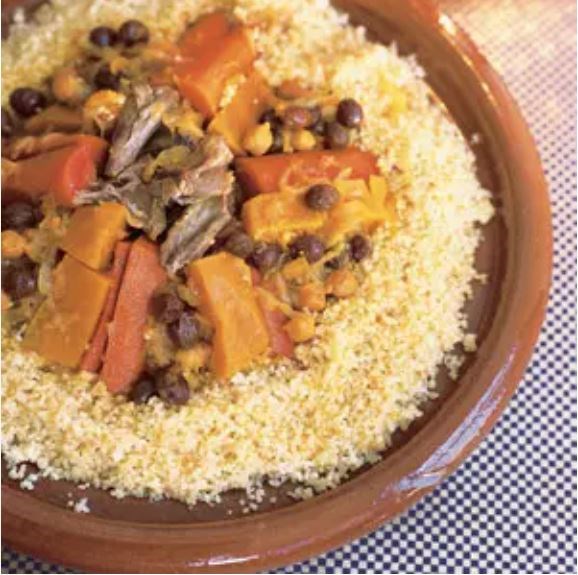 Couscous with lamb, pumpkin, carrots, chickpeas, and raisins