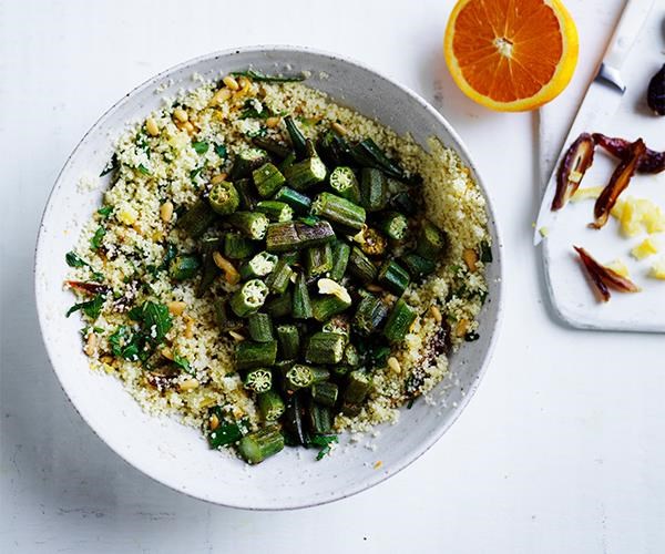 Couscous with roasted okra, dates and preserved lemon