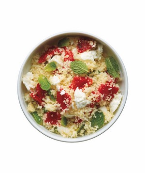 Couscous with roasted red peppers, feta, and mint