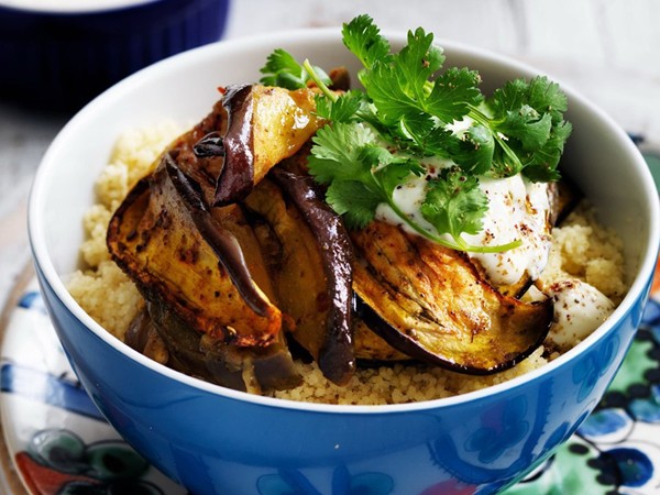 Couscous with spiced eggplant and lemony yoghurt