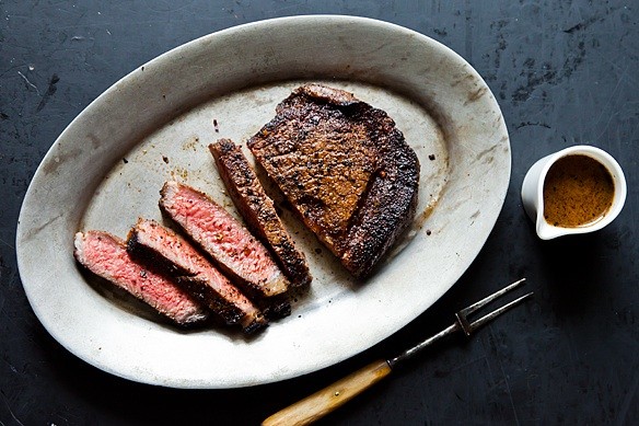 Cowboy rubbed rib eye with chocolate stout pan sauce
