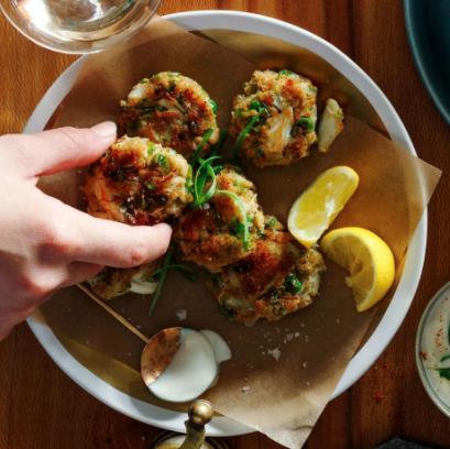 Crab & pea cakes with sesame-ginger aioli