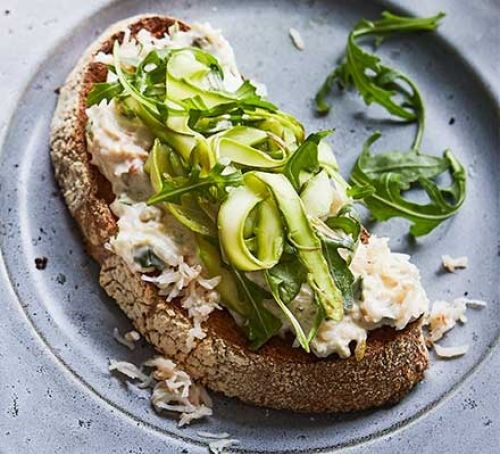 Crab & tangled asparagus salad on toast