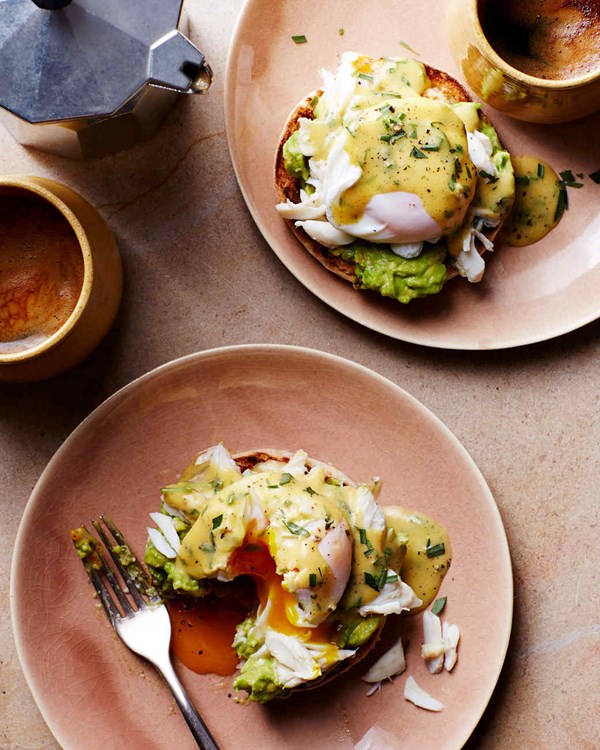 Crab-and-avocado eggs Benedict