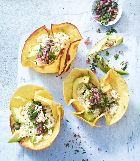 Crab and avocado tostadas with jalapeño salsa verde