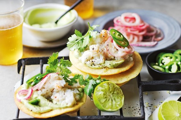 Crab and avocado tostadas with pickled onion