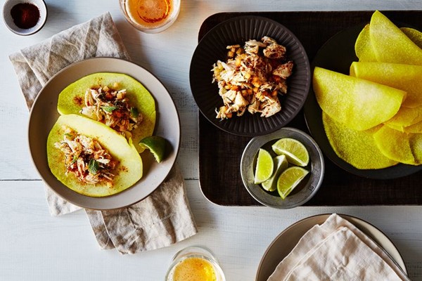 Crab and cantaloupe tacos with pickled jicama "tortillas"