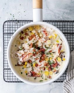 Crab and corn chowder with bacon and wild mushrooms