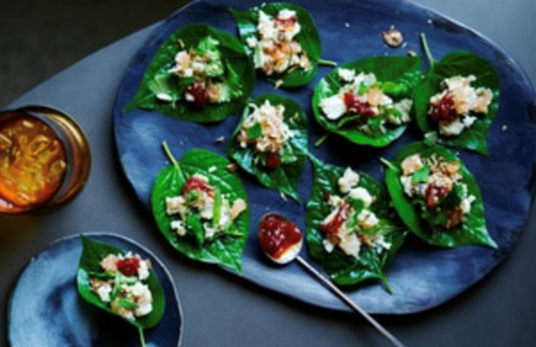 Crab and herb betel leaves with chilli jam