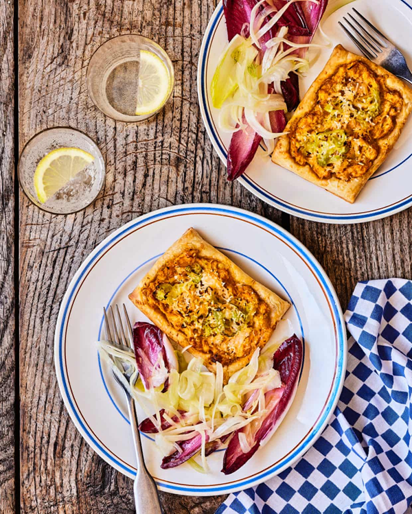 Crab and leek tarts with chicory salad