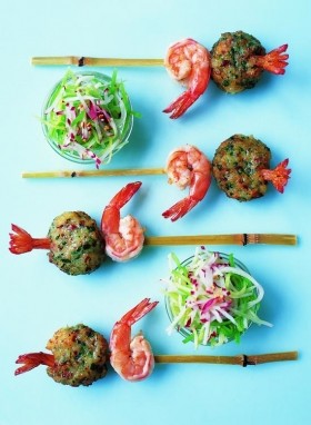 Crab and prawn balls served with radish and sesame pickle