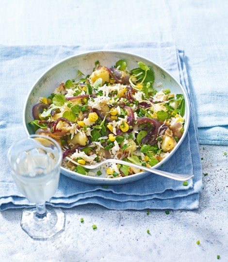 Crab and sweetcorn hash with watercress