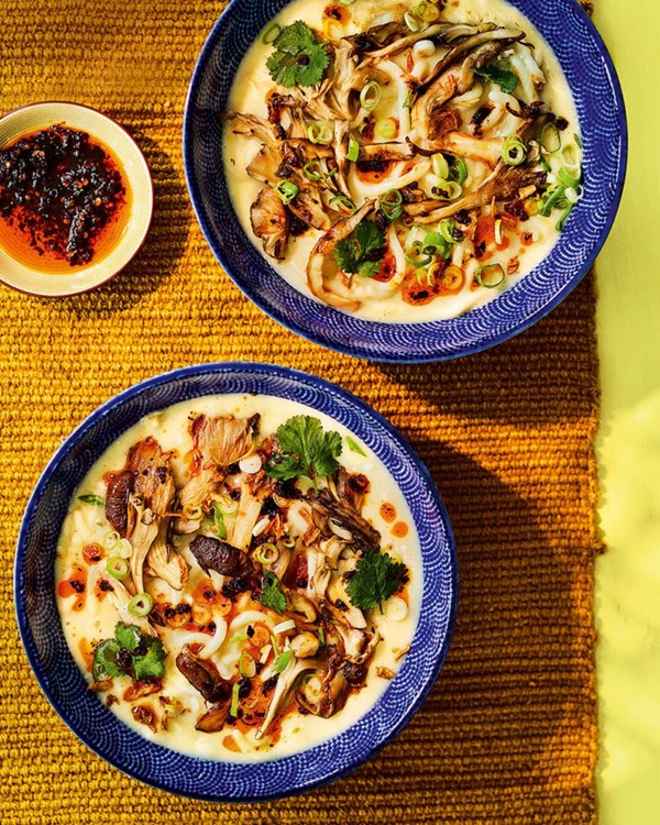 Crab and wild mushroom bahn canh noodle soup