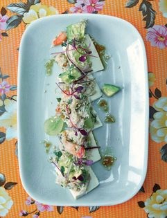Crab, avocado & chervil salad on silken tofu with a yuzu-pon dressing 