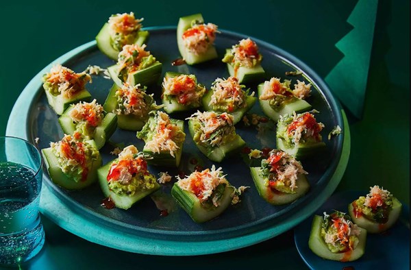 Crab, avocado & Sriracha cucumber boats