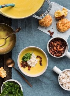 Crab buttermilk bisque with sweet corn and bacon