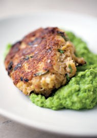 Crab cakes and crushed peas