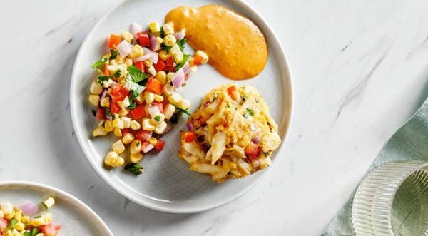 Crab cakes with roasted corn salsa [Leanna Pierre]